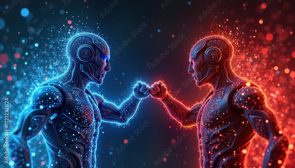 Naklejka premium Futuristic cyber security showdown. Two tech-advanced figures. Blue, red teams face off. Abstract representations of digital warriors. Conflict in cyberspace. Network defense. AI-generated imagery.