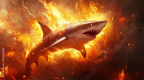 Fiery shark, art print, shark in flames, vibrant ocean scene, dramatic underwater, aquatic creature, striking marine life visual