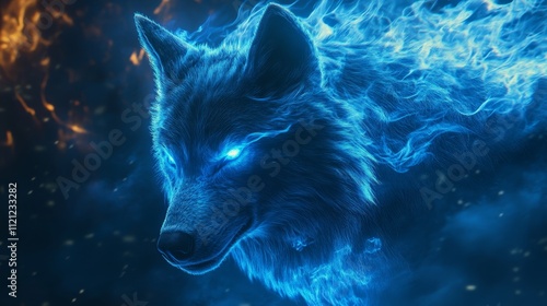 Fototapeta Naklejka Na Ścianę i Meble -  Fiery blue wolf, mystical glowing wolf, fire and ice, fantasy blazing eyes, intense wild animal, enchanted flames, ethereal beast