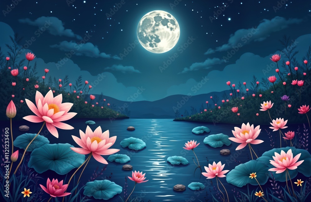 Beautiful serene night scene with water lilies, full moon. Pink water lilies bloom on dark blue water. Stars twinkle in dark night sky. Peaceful natural landscape. Flower garden by water. Lovely, Beautiful serene night scene with water lilies, full moon. Pink water lilies bloom on dark blue water. Stars twinkle in dark night sky. Peaceful natural landscape. Flower garden by water. Lovely,
