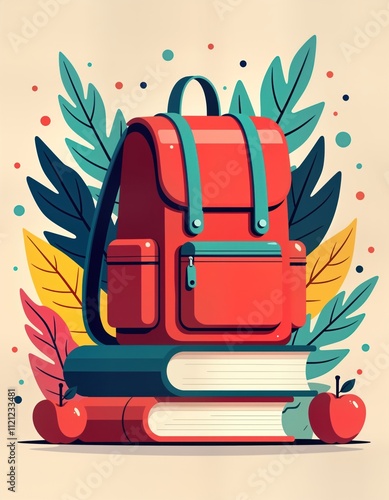 Colorful illustration back to school theme. Red schoolbag sits atop stacked books. Autumn leaves, apples add to seasonal ambiance. Poster style image evokes sense of new beginnings, learning. Perfect photo