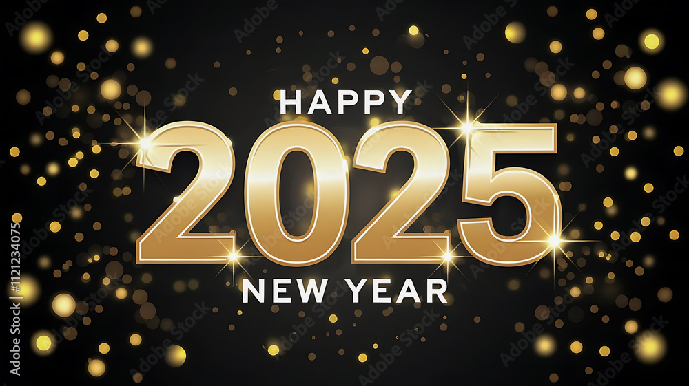 Happy New Year's lights golden and dark gold colors bokeh background with glowing number 2025 and fireworks. Happy New Year's lights golden and dark gold colors bokeh background with glowing number 2025 and fireworks.