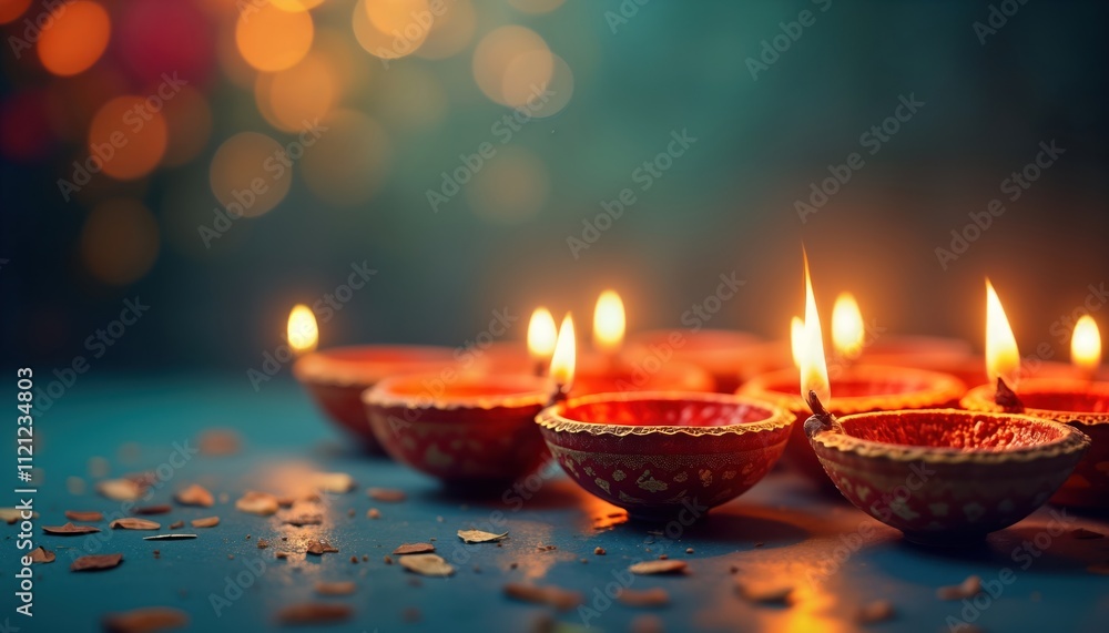 Diwali festival illustration. Oil lamps with warm flames. Festive lights glow on dark background. Traditional Hindu celebration. Colorful decorative lamps. Warm glow against dark backdrop. India Diwali festival illustration. Oil lamps with warm flames. Festive lights glow on dark background. Traditional Hindu celebration. Colorful decorative lamps. Warm glow against dark backdrop. India