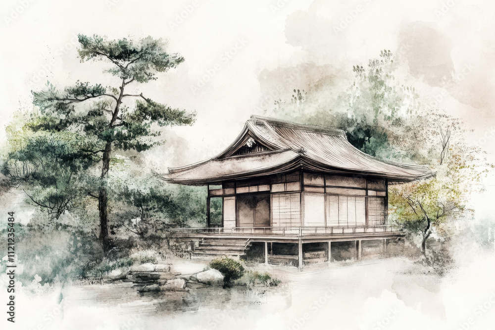 Watercolor painting of a traditional Japanese house surrounded by lush greenery, capturing serene and tranquil beauty with a blend of soft earthy tones and detailed architecture. Watercolor painting of a traditional Japanese house surrounded by lush greenery, capturing serene and tranquil beauty with a blend of soft earthy tones and detailed architecture.