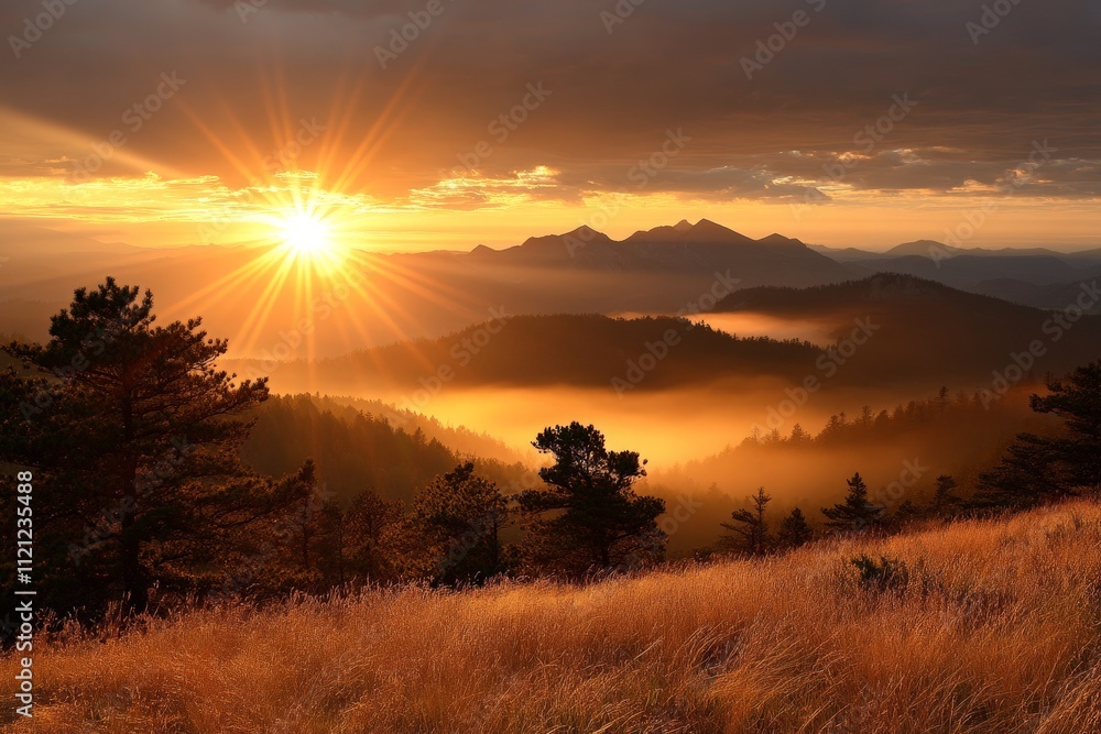 Sunrise over misty mountains with golden light illuminating the landscape Sunrise over misty mountains with golden light illuminating the landscape