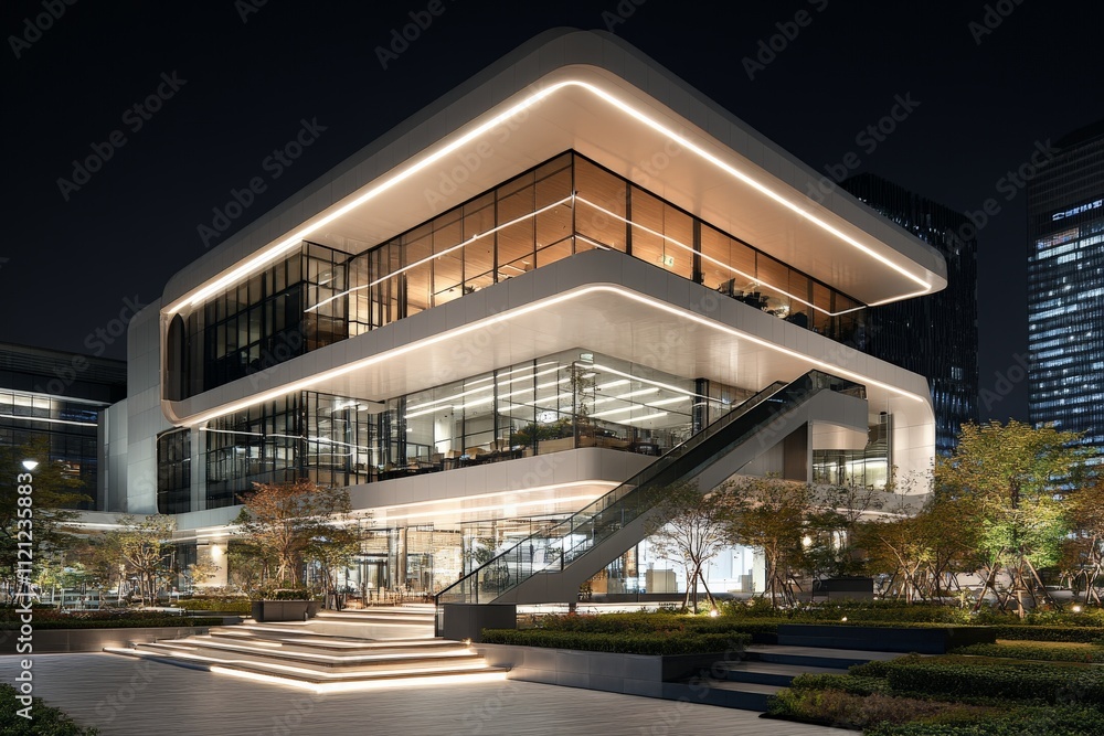 Obraz premium Modern architectural building illuminated at night with stylish design and landscape in a city setting