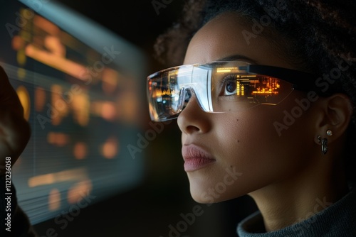 Young woman engages with digital display using smart glasses while analyzing data in a tech setting at night