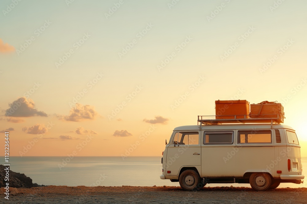 Fototapeta premium Vintage camper van parked by the ocean during a colorful sunset at a scenic location