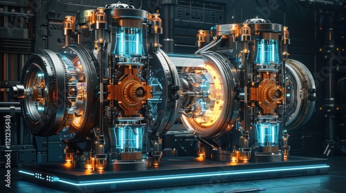 Intricate Mechanical Machinery Futuristic Power Concept Showcasing Intricate Turbines Engines and Generators in an Industrial Factory Setting High tech Engineering and Advanced Technology