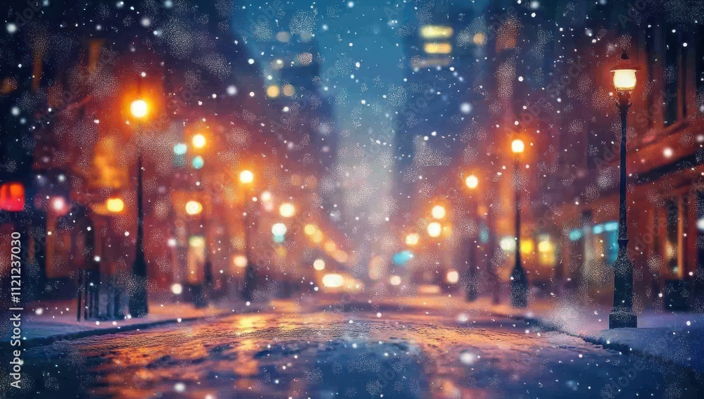 Dreamy Winter Night Scene with Gentle Snowflakes Falling on a Quiet Street Illuminated by Soft City Lights in a Magical Urban Atmosphere Dreamy Winter Night Scene with Gentle Snowflakes Falling on a Quiet Street Illuminated by Soft City Lights in a Magical Urban Atmosphere