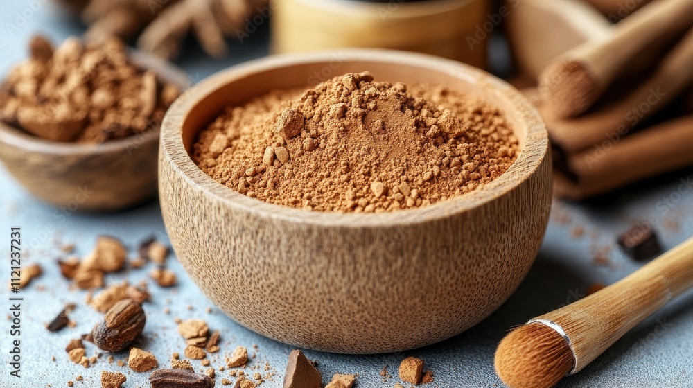 A wooden bowl holds fine, ground spice, surrounded by smaller bowls of ingredients. Nearby, baking tools and scattered spices create a cozy kitchen atmosphere, perfect for culinary activities A wooden bowl holds fine, ground spice, surrounded by smaller bowls of ingredients. Nearby, baking tools and scattered spices create a cozy kitchen atmosphere, perfect for culinary activities