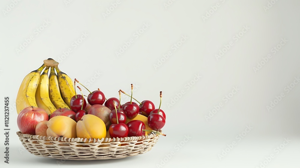 A basket of mixed fruit including cherries, bananas, and nectarines, placed on a white background. A basket of mixed fruit including cherries, bananas, and nectarines, placed on a white background.