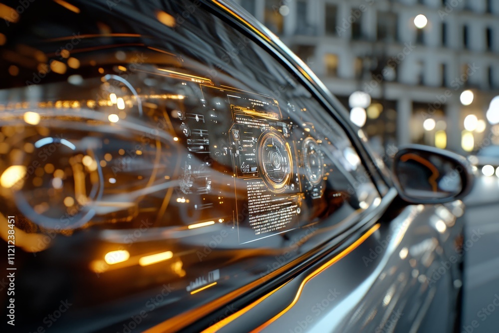 Modern car dashboard displaying advanced technology features illuminated at night on an urban street Modern car dashboard displaying advanced technology features illuminated at night on an urban street