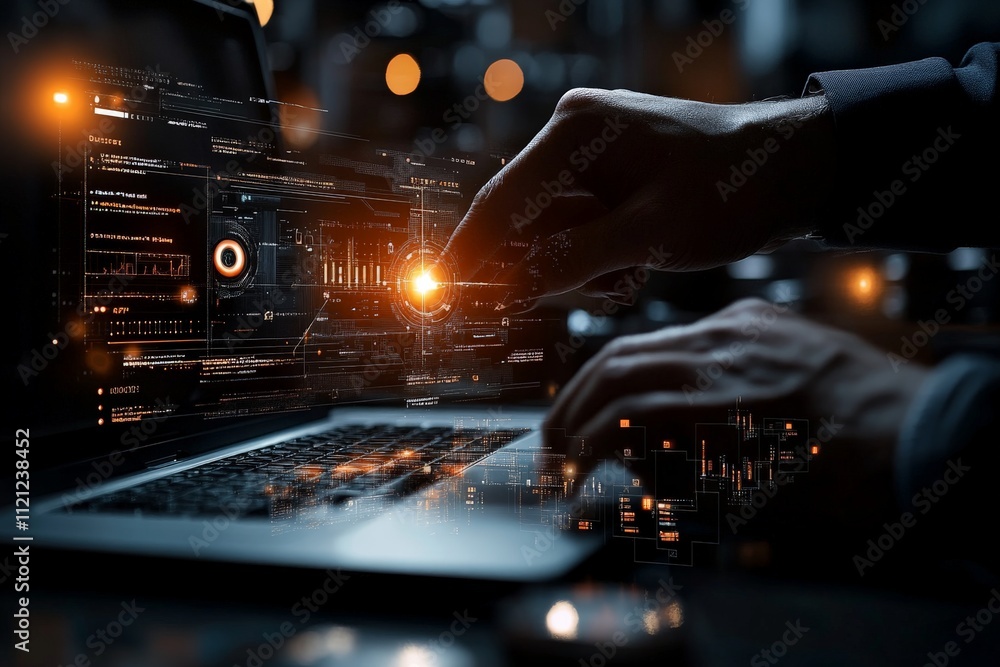 Futuristic interaction with technology at night in a dimly lit workspace Futuristic interaction with technology at night in a dimly lit workspace