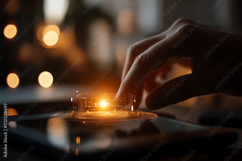 Naklejka premium Engaging with digital technology at home during evening hours with a glowing interface and soft lighting