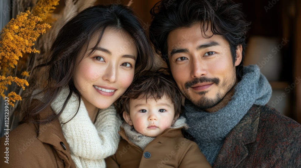 A couple holds their young child, all dressed warmly in stylish coats, smiling gently in a cozy environment adorned with autumn foliage, embodying love and happiness A couple holds their young child, all dressed warmly in stylish coats, smiling gently in a cozy environment adorned with autumn foliage, embodying love and happiness