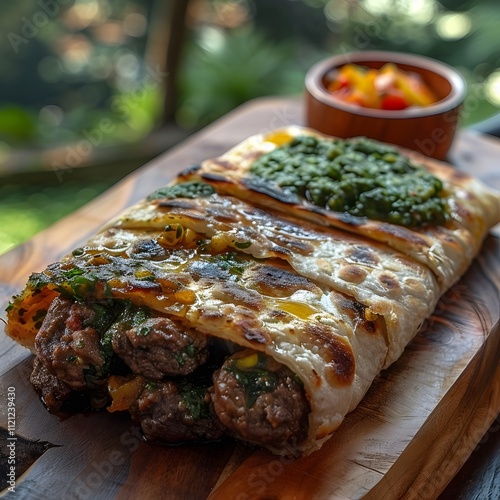 Savory beef pratha roll served with a side of mint chutney on a rustic wooden table with a peaceful Asian garden in the background captured with a shallow depth of field to emphasize the texture photo