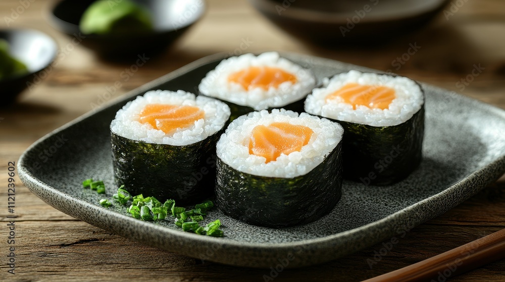 Four sushi rolls filled with fresh salmon are arranged on a gray plate. The setting features a wooden table and green garnishes, creating an inviting atmosphere Four sushi rolls filled with fresh salmon are arranged on a gray plate. The setting features a wooden table and green garnishes, creating an inviting atmosphere