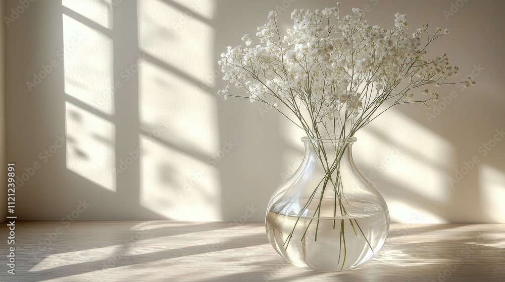 Light streams through a window, illuminating a clear vase filled with delicate white flowers resting on a wooden table, creating a serene atmosphere Light streams through a window, illuminating a clear vase filled with delicate white flowers resting on a wooden table, creating a serene atmosphere