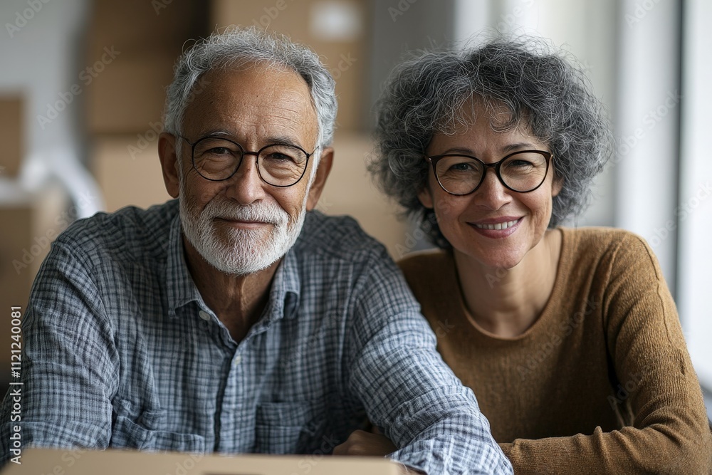 Elderly couple shares joyful moment while unpacking boxes in their new home during the afternoon Elderly couple shares joyful moment while unpacking boxes in their new home during the afternoon