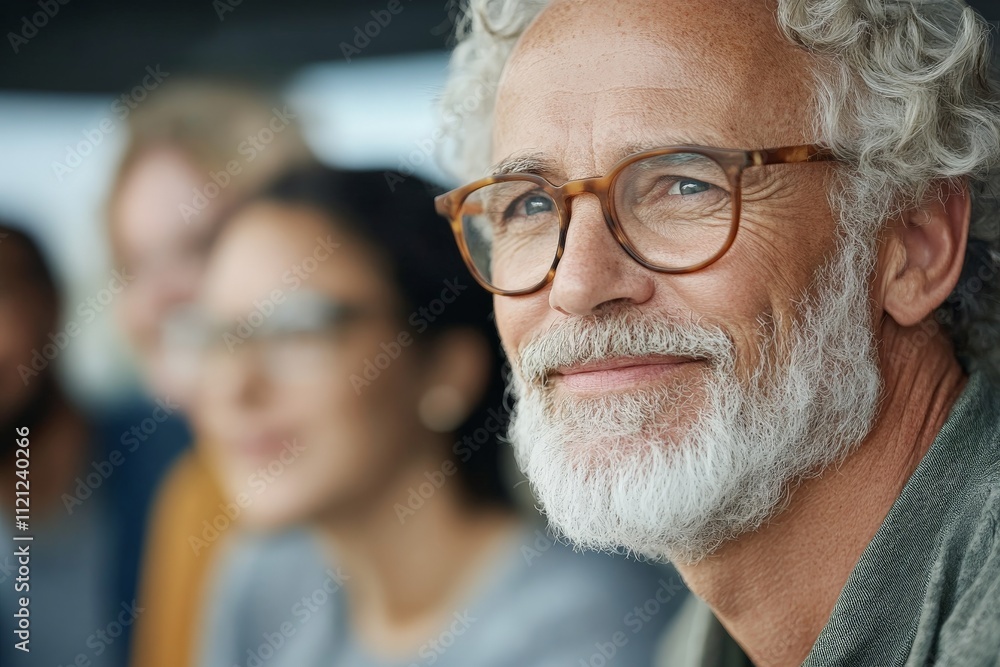 Thoughtful older man smiles during a group discussion in a cozy setting reflecting on shared experiences Thoughtful older man smiles during a group discussion in a cozy setting reflecting on shared experiences