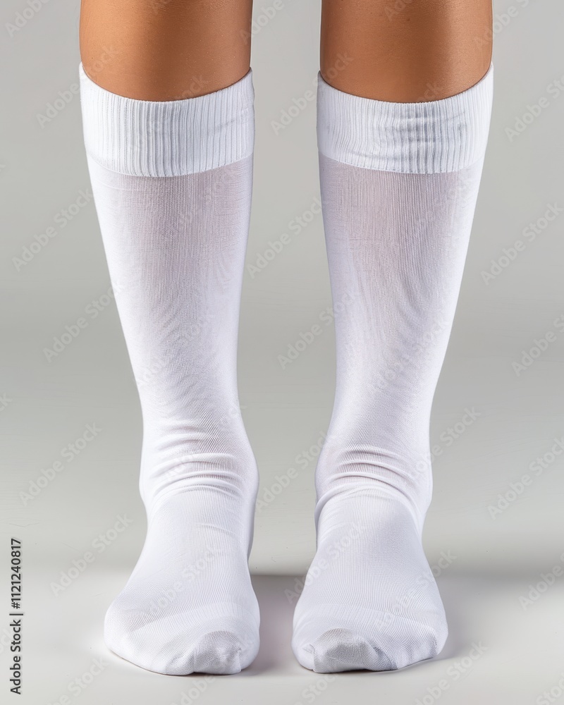 Elegant mockup of long white socks on beautiful female legs in tiptoe position, front view Elegant mockup of long white socks on beautiful female legs in tiptoe position, front view