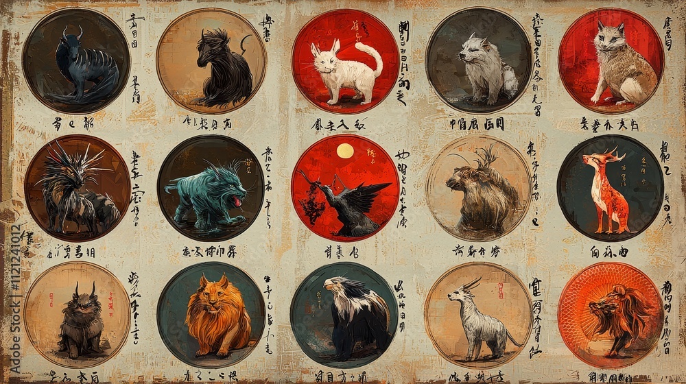 Fototapeta premium Traditional illustrations of mythical animals in circular frames