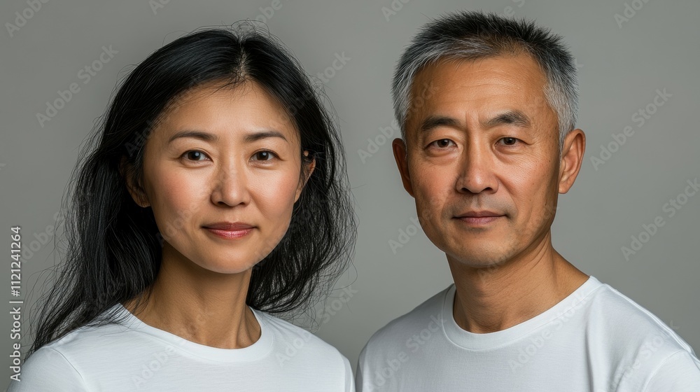 A man and woman stand close together, both wearing white shirts. They have serene expressions on their faces, reflecting a moment of connection. Their hairstyles and skin tones complement each other A man and woman stand close together, both wearing white shirts. They have serene expressions on their faces, reflecting a moment of connection. Their hairstyles and skin tones complement each other