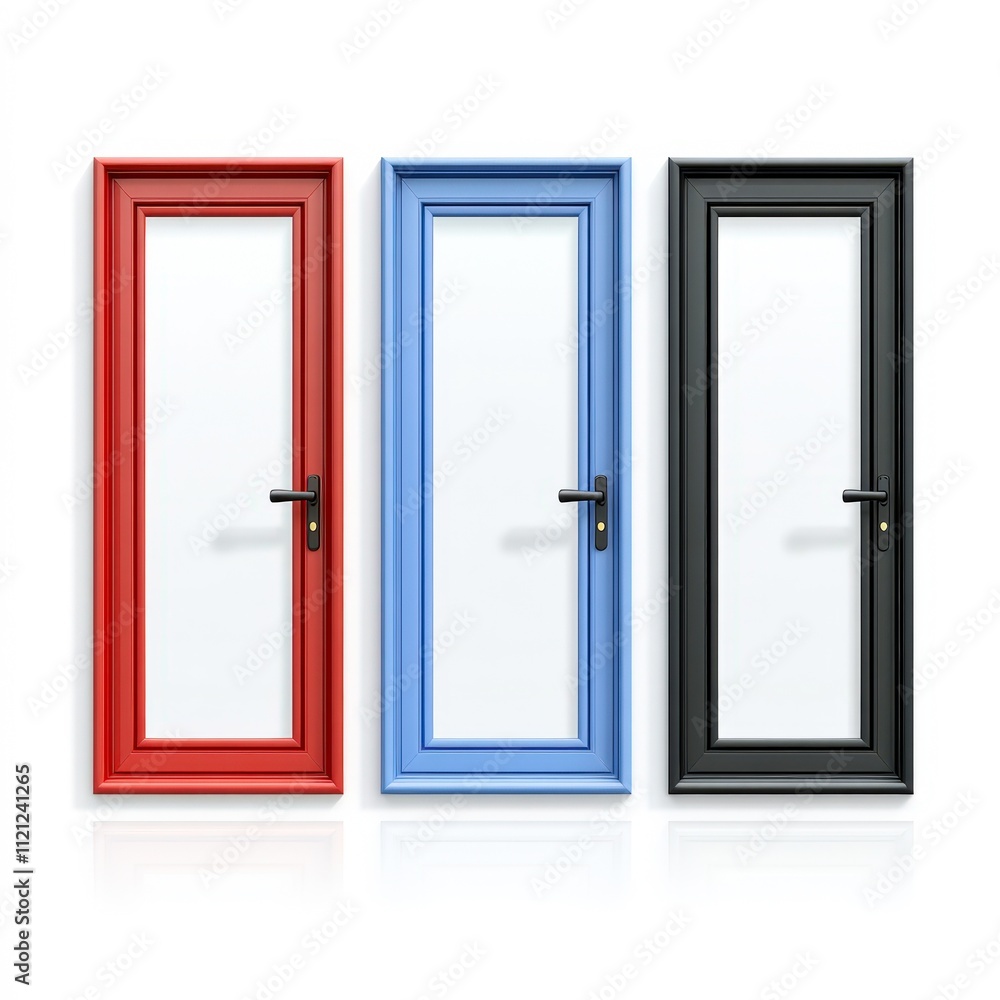 Three vibrant doors in red, blue, and black align against a white background, symbolizing choices and opportunities, Ideal for themes of decision-making, change, or personal growth, Three vibrant doors in red, blue, and black align against a white background, symbolizing choices and opportunities, Ideal for themes of decision-making, change, or personal growth,
