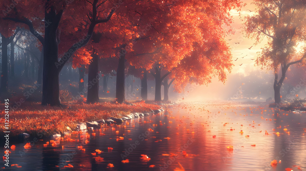 Naklejka premium Autumnal Forest Stream with Falling Leaves - 3D Illustration