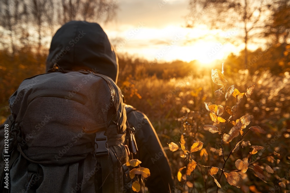 Hiker enjoying sunset view in autumn wilderness with vibrant foliage Hiker enjoying sunset view in autumn wilderness with vibrant foliage