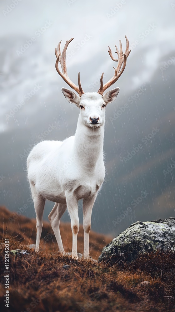 Obraz premium A majestic white deer with perfect antlers, on the mountain and beautiful rainy scenery