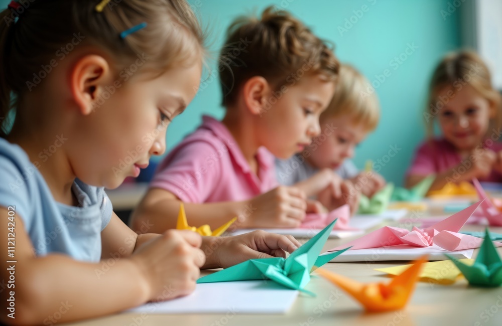 Children in classroom focused on creative paper craft activity. Making origami. Colorful paper, tools like scissors, glue available. Children actively engaged in collaborative learning. Vibrant Children in classroom focused on creative paper craft activity. Making origami. Colorful paper, tools like scissors, glue available. Children actively engaged in collaborative learning. Vibrant