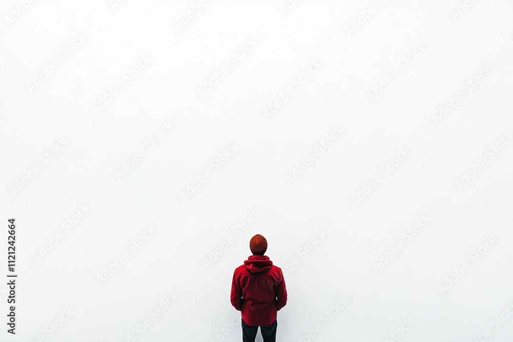 Lone individual in a red jacket standing against a vast white background signifies solitude and introspection. Lone individual in a red jacket standing against a vast white background signifies solitude and introspection.