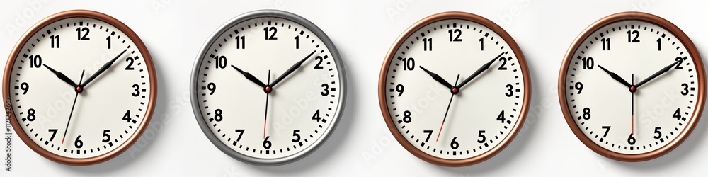 Four wall clocks displayed on plain white background. Clock different metallic color, with round dial, hands showing particular time. Clocks present collection design suitable for different home Four wall clocks displayed on plain white background. Clock different metallic color, with round dial, hands showing particular time. Clocks present collection design suitable for different home
