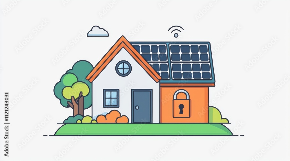Illustration of a secure home with solar panels and a lock Illustration of a secure home with solar panels and a lock
