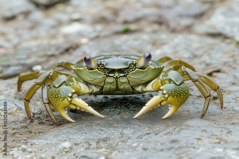 Close up of crab with prominent claws on rocky surface Close up of crab with prominent claws on rocky surface