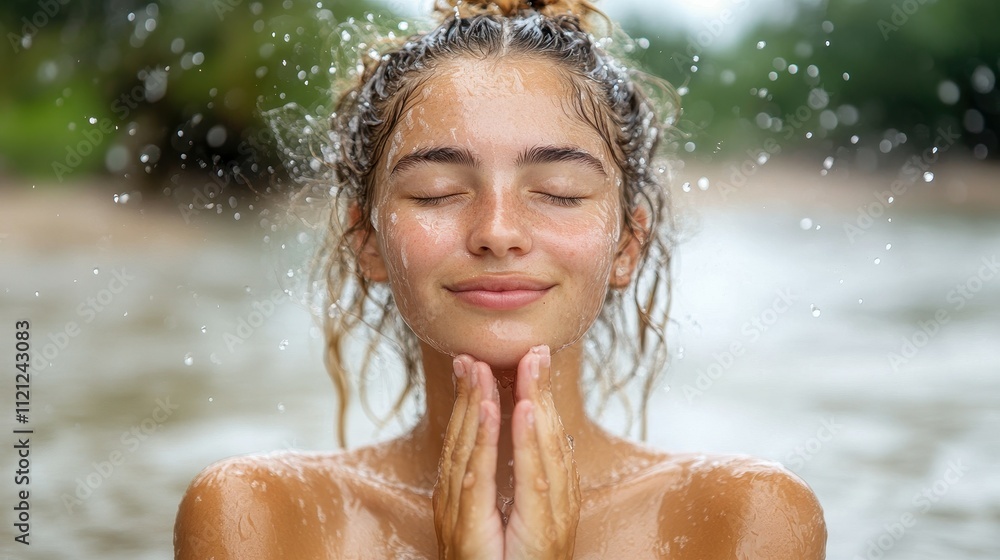 Fototapeta premium A young woman stands in water with her eyes closed, embracing the tranquility of nature. Water droplets cascade around her, highlighting a joyful and peaceful moment outdoors