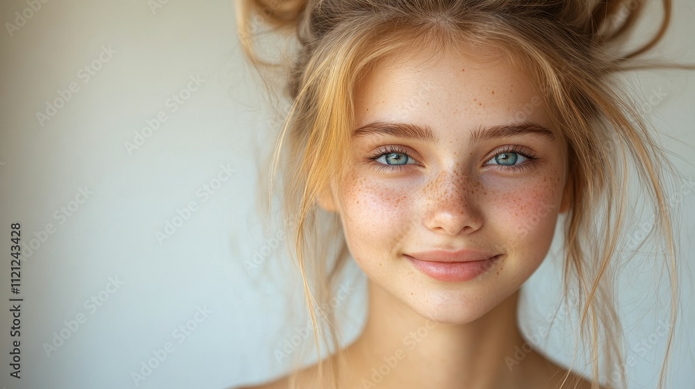 A girl with vibrant blue eyes and distinct freckles is smiling warmly, her hair loosely tied in a playful style. The soft background enhances her cheerful expression A girl with vibrant blue eyes and distinct freckles is smiling warmly, her hair loosely tied in a playful style. The soft background enhances her cheerful expression