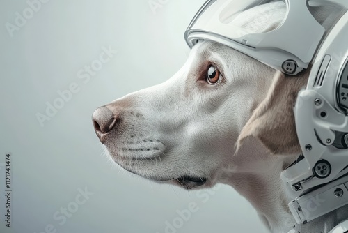 Futuristic dog in a space helmet gazes into the distance in a modern artistic representation photo