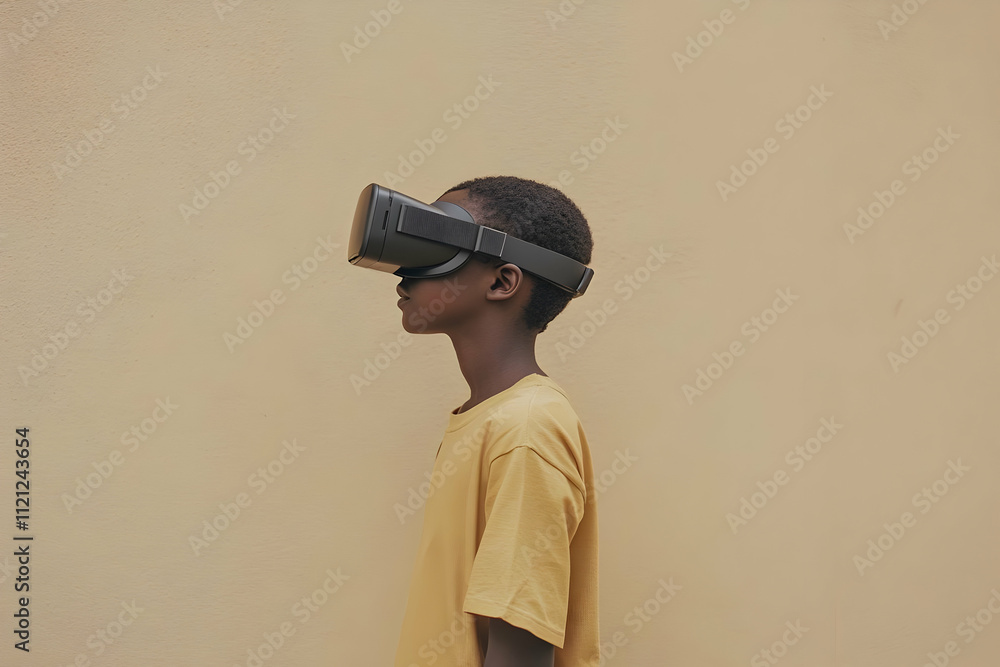 Young boy wearing VR headset against beige wall. Young boy wearing VR headset against beige wall.