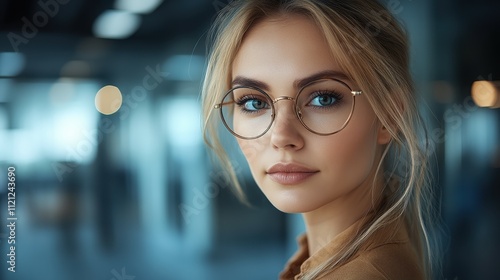 A young woman with light brown hair and round glasses looks pensively in a bright, contemporary office setting with glass walls and natural lighting