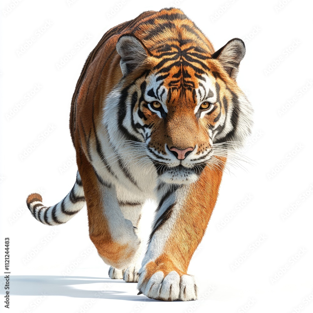 Fototapeta premium Majestic Tiger Walking Confidently Towards the Camera in a Dynamic Pose on a Bright White Background