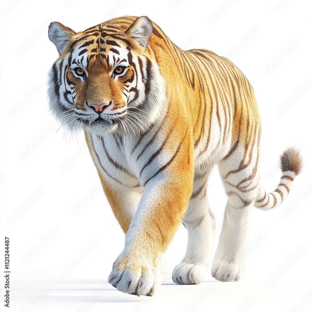Obraz premium Striking Bengal Tiger Walking Boldly with Intense Gaze on White Background for Wildlife and Nature Themes