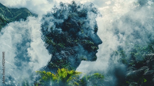 Breathtaking Double Exposure of an Adventurer Surrounded by Lush Nature and Mystical Clouds