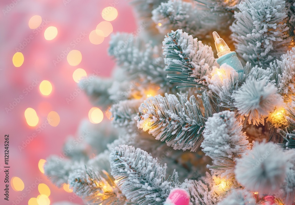Frosted Christmas Tree with Colorful Lights and Soft Bokeh Background for a Festive and Cozy Holiday Atmosphere Frosted Christmas Tree with Colorful Lights and Soft Bokeh Background for a Festive and Cozy Holiday Atmosphere