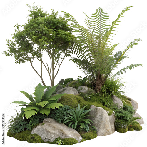 Tropical plant fern moss bush tree jungle stone isolated on a transparent background