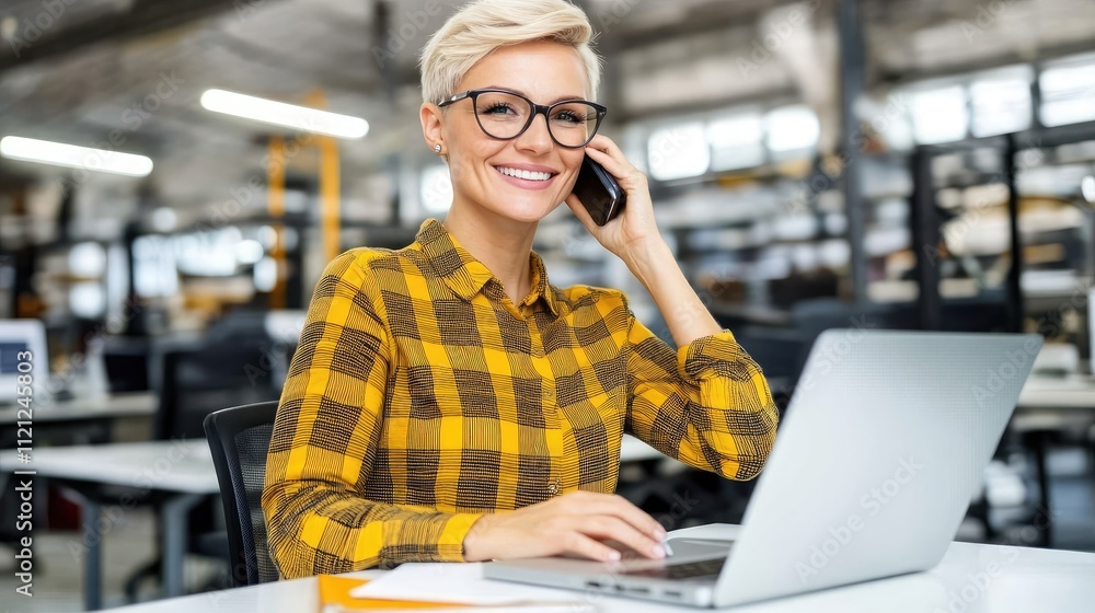 Young woman in glasses working on laptop while talking on smartphone in modern office with bright interior and comfortable setup
