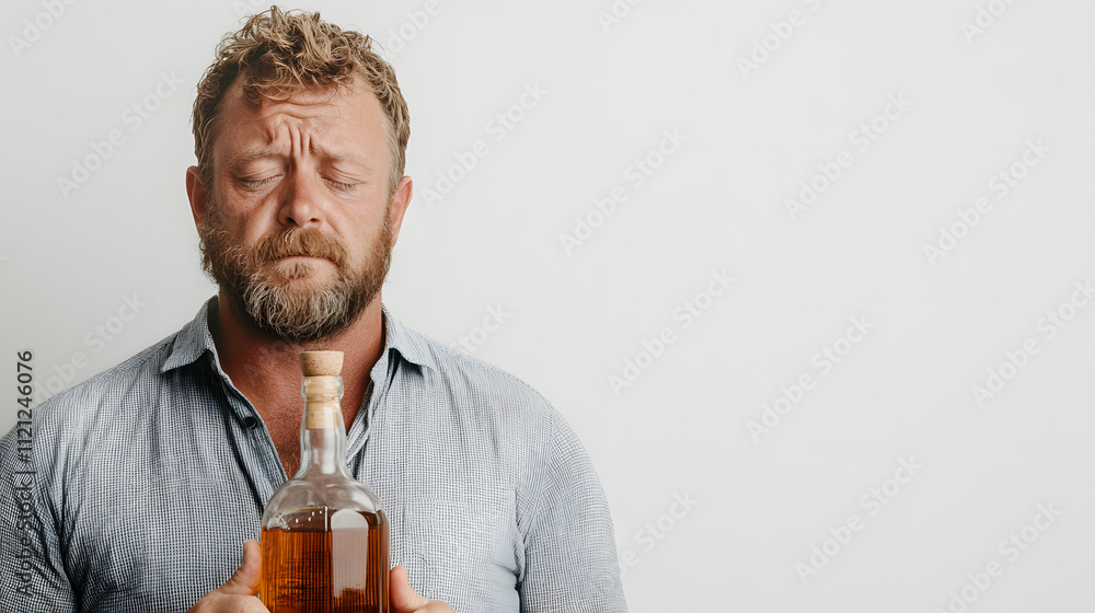 Man Holding a Whiskey Bottle, Looking Down in Contemplation, with a Moody and Reflective Atmosphere Man Holding a Whiskey Bottle, Looking Down in Contemplation, with a Moody and Reflective Atmosphere