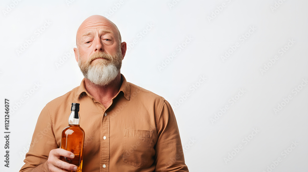 Man Holding a Whiskey Bottle, Looking Down in Contemplation, with a Moody and Reflective Atmosphere Man Holding a Whiskey Bottle, Looking Down in Contemplation, with a Moody and Reflective Atmosphere